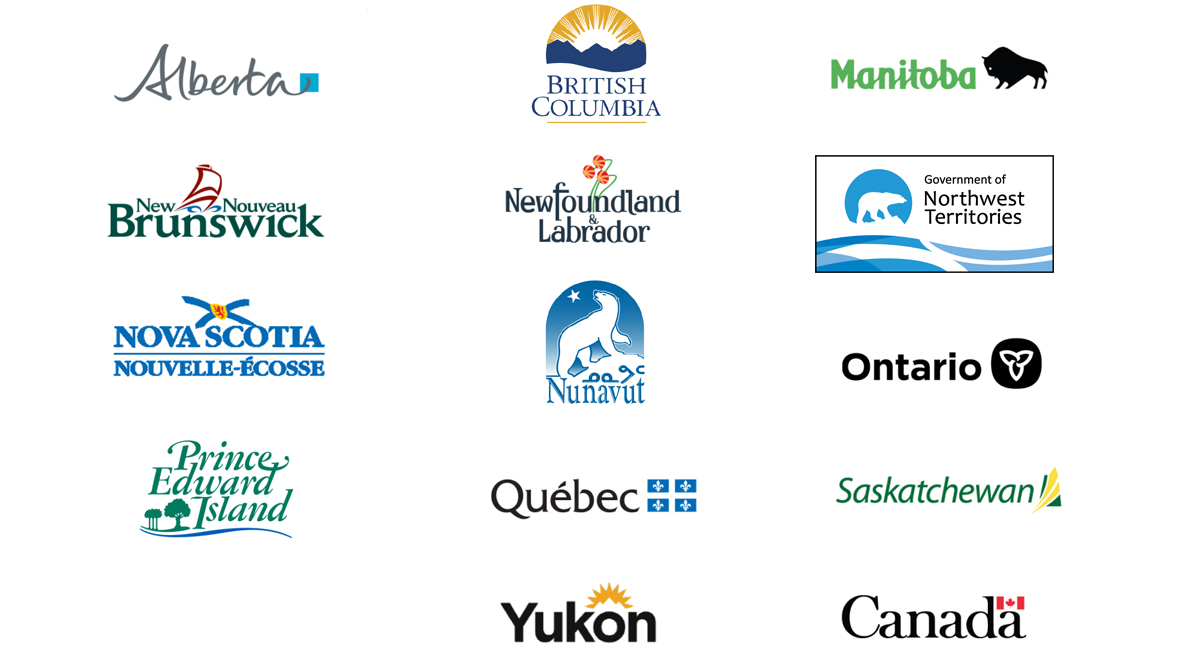 Logos for Alberta, British Columbia, Manitoba, New Brunswick, Newfoundland and Labrador, Northwest Territories, Nova Scotia, Nunavut, Ontario, Prince Edward Island, Québec, Saskatchewan, Yukon Territories and Canada