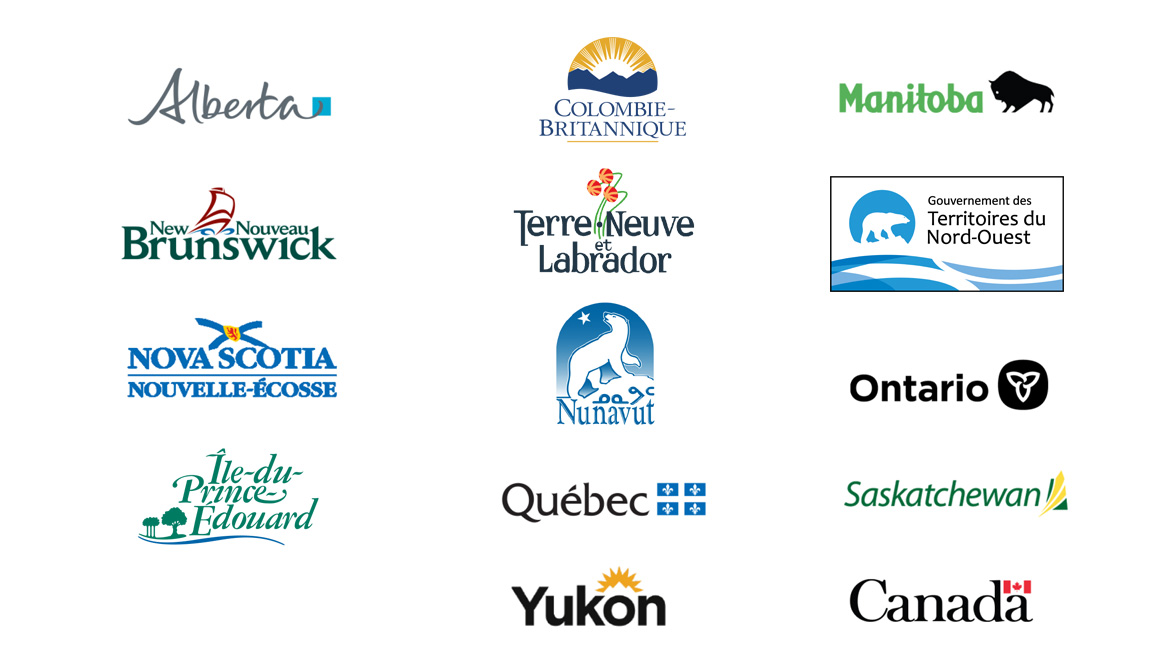 Logos de l’Alberta, de la Colombie-Britannique, du Manitoba, du Nouveau-Brunswick, de Terre-Neuve-et-Labrador, des Territoires du Nord-Ouest, de la Nouvelle-Écosse, du Nunavut, de l’Ontario, de l’Île-du-Prince-Édouard, du Québec, de la Saskatchewan, du Yukon et du Canada