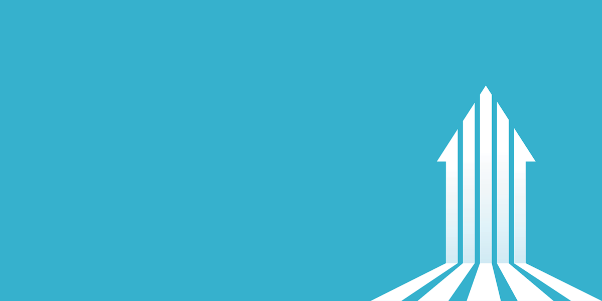 Five white lines on a blue background extending away from us on a horizontal plane, then changing direction upward and forming the shape of an upward arrow.,